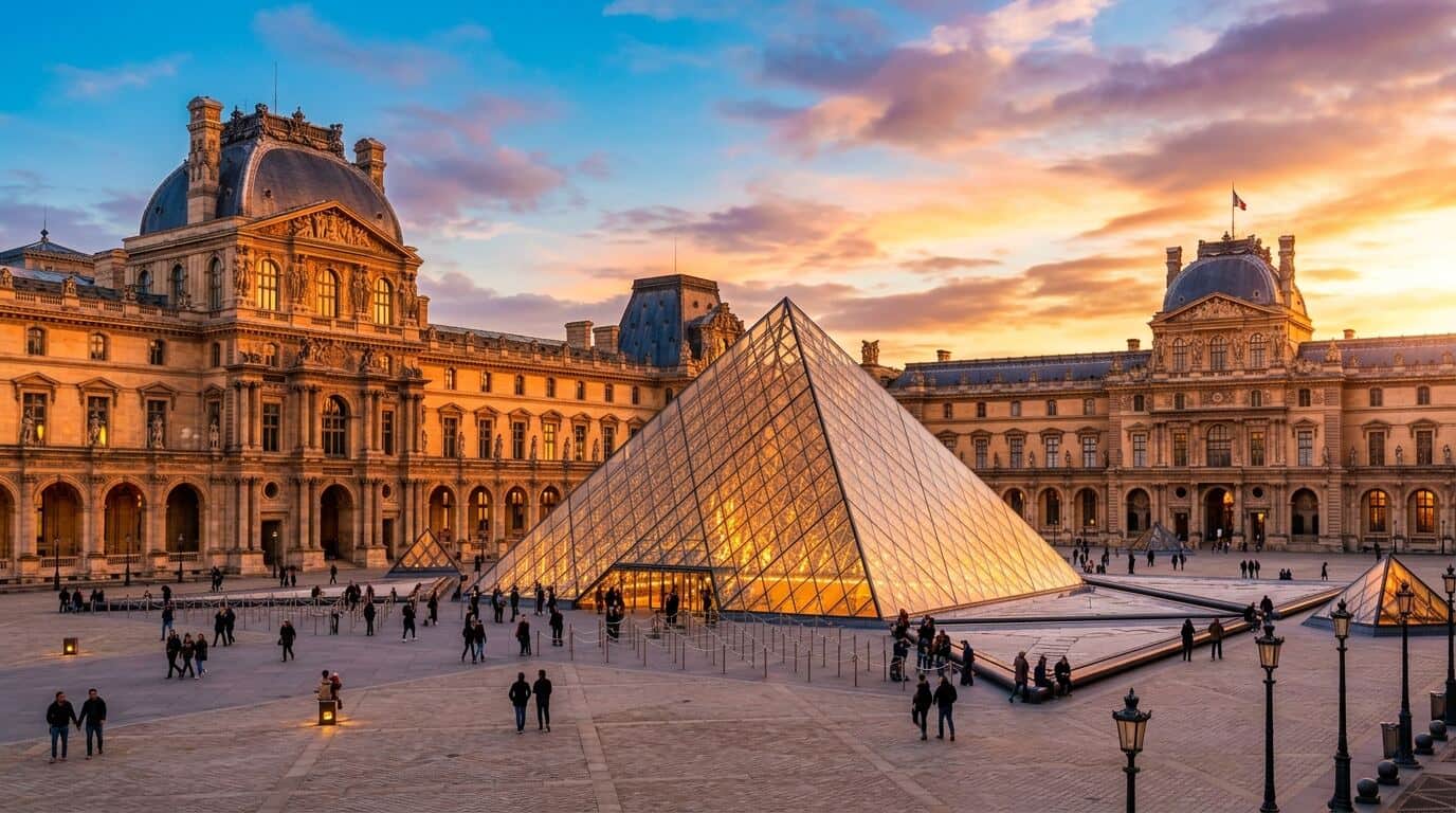 The glass pyramid entrance of the Louvre Museum