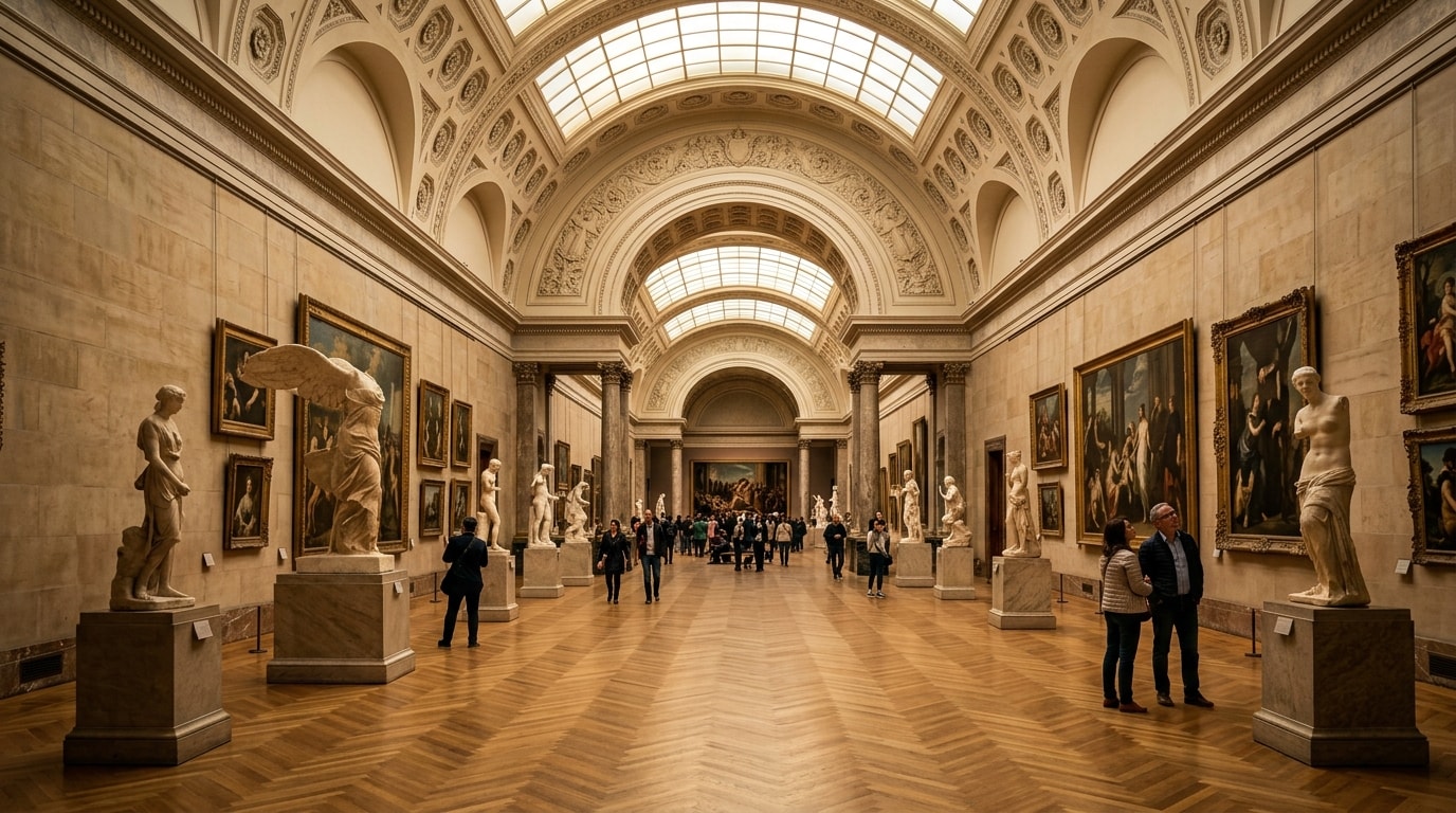 World-class classical art museum gallery with sculptures and master paintings