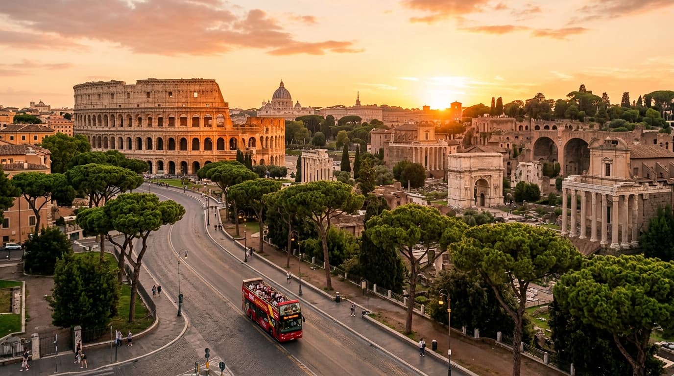 Rome Hop on Hop off Bus Tour in front of ancient monuments